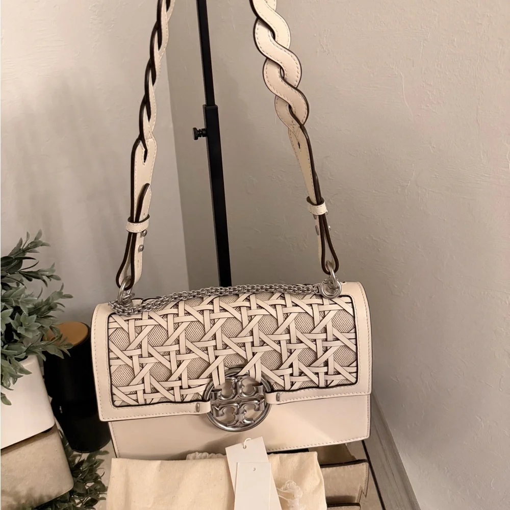 Tory Burch Miller Basketweave Flap Shoulder Bag.